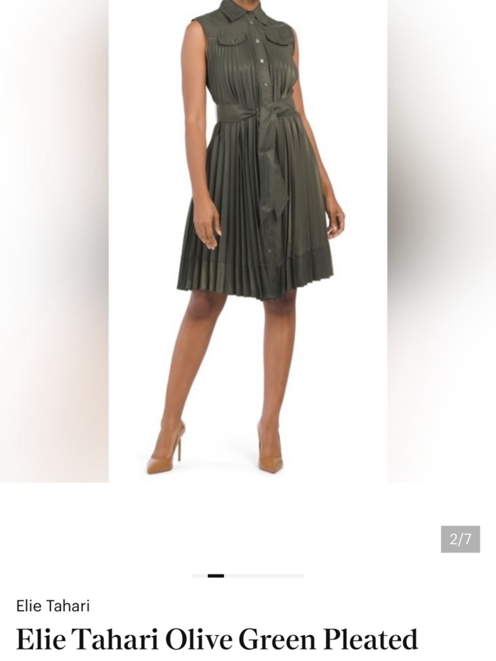 Elie Tahari Olive Green Sleeveless Pleated Shirt Dress